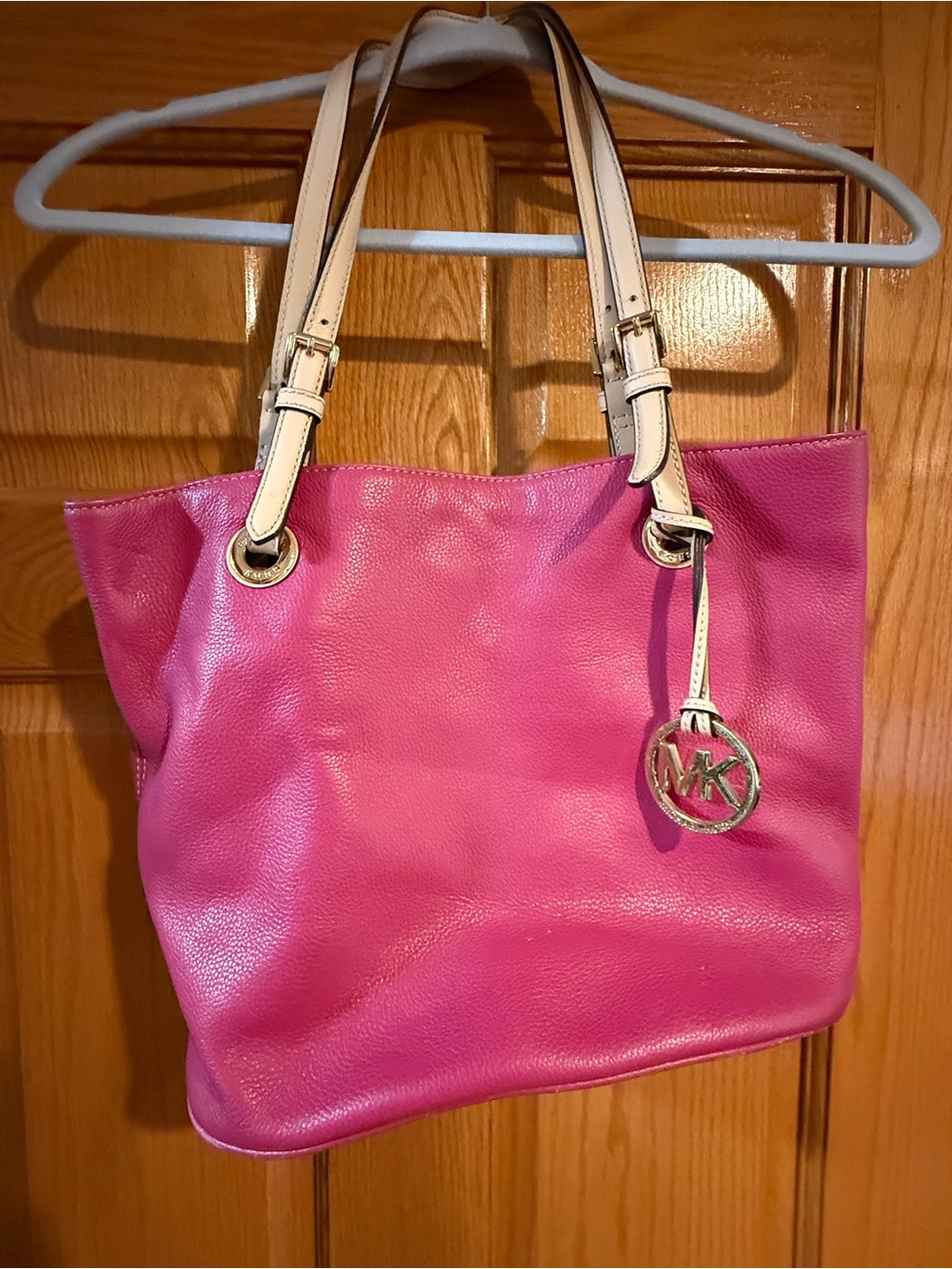 Michael Kors Hot Pink Leather Tote with Cream Handles